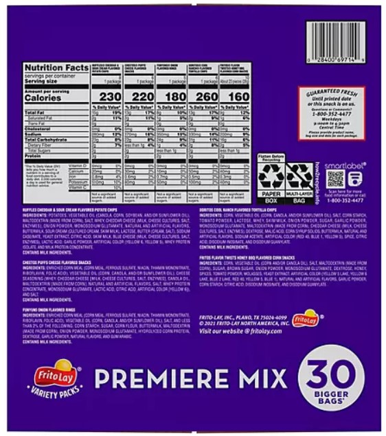 FritoLay Premiere Mix Variety Pack Chips And Snacks (30 Ct